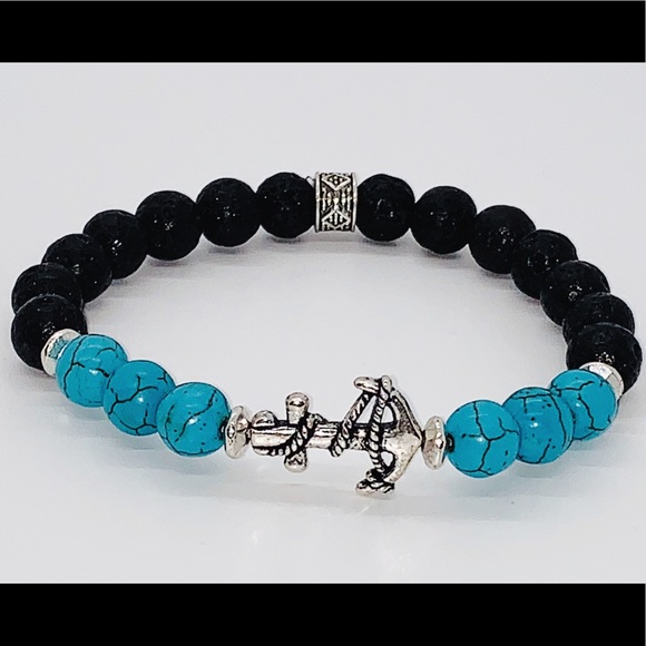 Turquoise & Lava stones anchor beaded bracelet - Picture 2 of 3